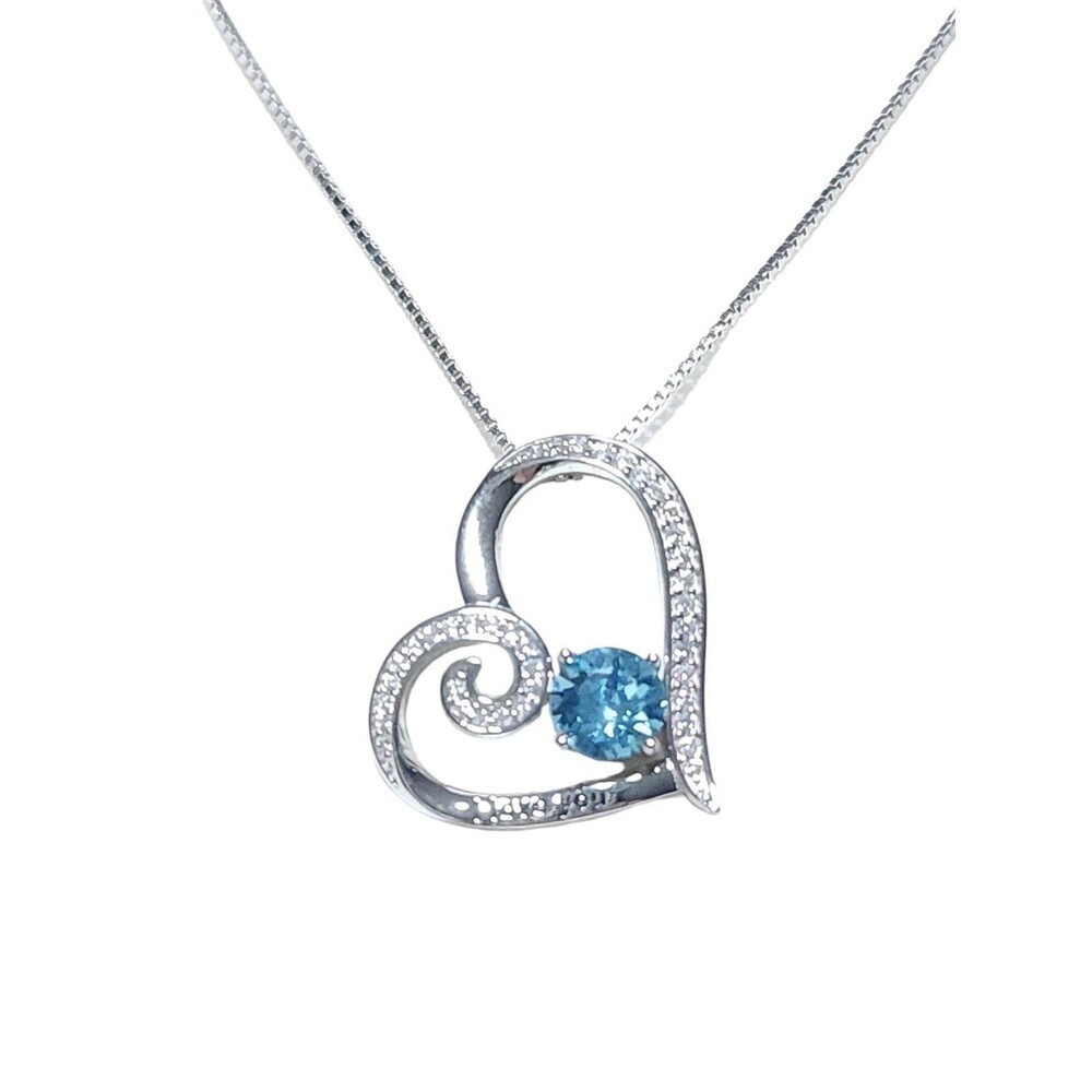 Sterling Silver Blue and White Cubic Zirconia Heart Necklace with I Love You